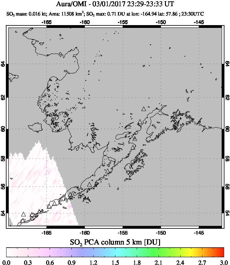 A sulfur dioxide image over Alaska, USA on Mar 01, 2017.