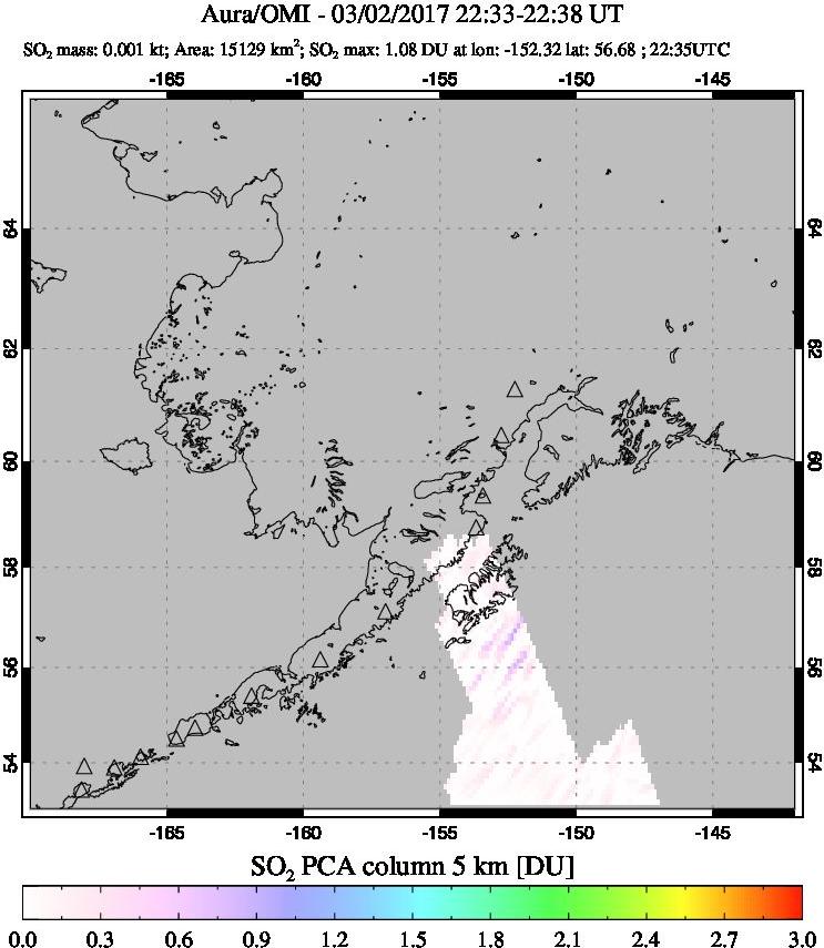 A sulfur dioxide image over Alaska, USA on Mar 02, 2017.