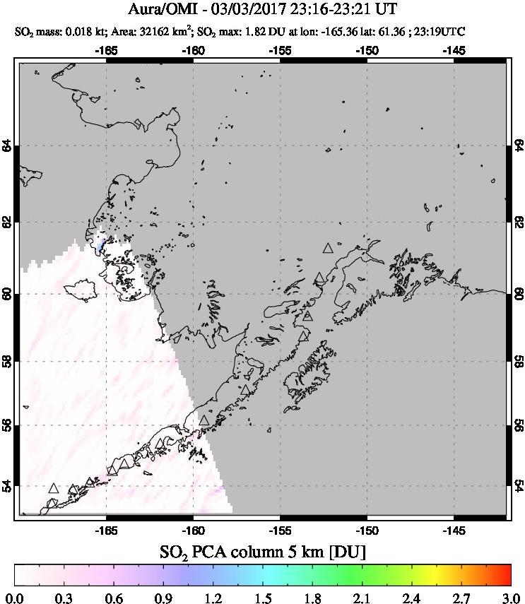 A sulfur dioxide image over Alaska, USA on Mar 03, 2017.