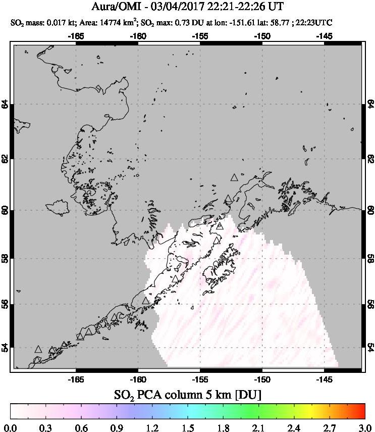 A sulfur dioxide image over Alaska, USA on Mar 04, 2017.