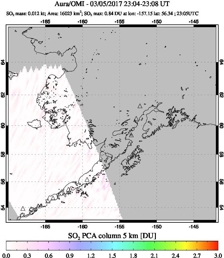 A sulfur dioxide image over Alaska, USA on Mar 05, 2017.