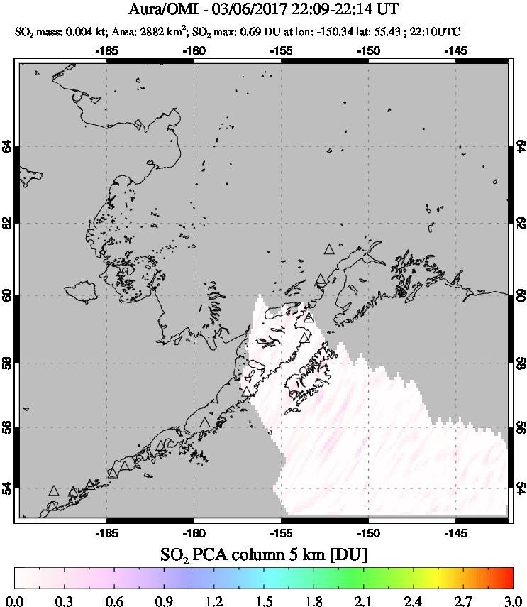 A sulfur dioxide image over Alaska, USA on Mar 06, 2017.