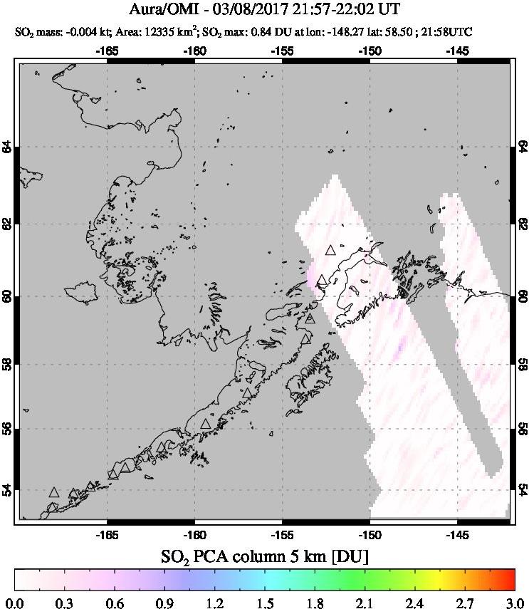 A sulfur dioxide image over Alaska, USA on Mar 08, 2017.