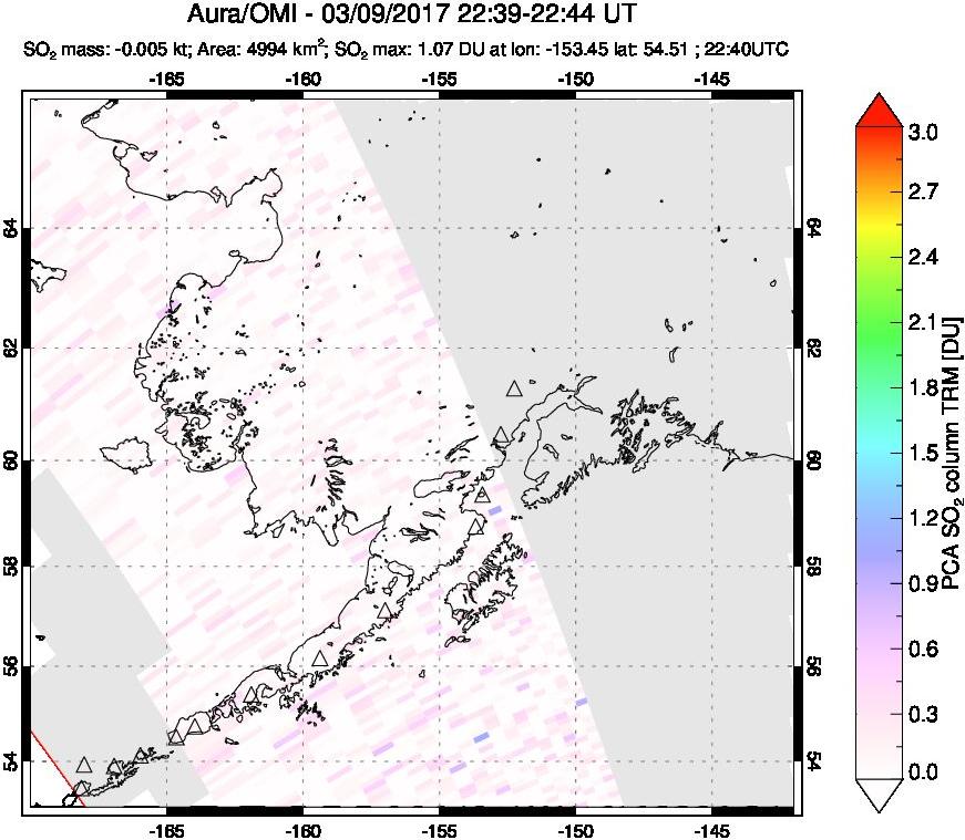 A sulfur dioxide image over Alaska, USA on Mar 09, 2017.