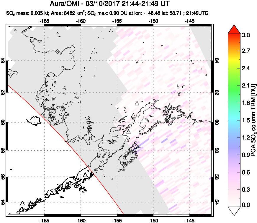 A sulfur dioxide image over Alaska, USA on Mar 10, 2017.