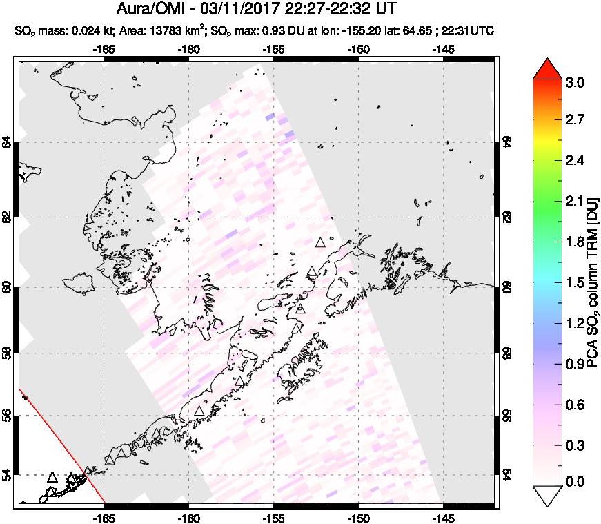 A sulfur dioxide image over Alaska, USA on Mar 11, 2017.