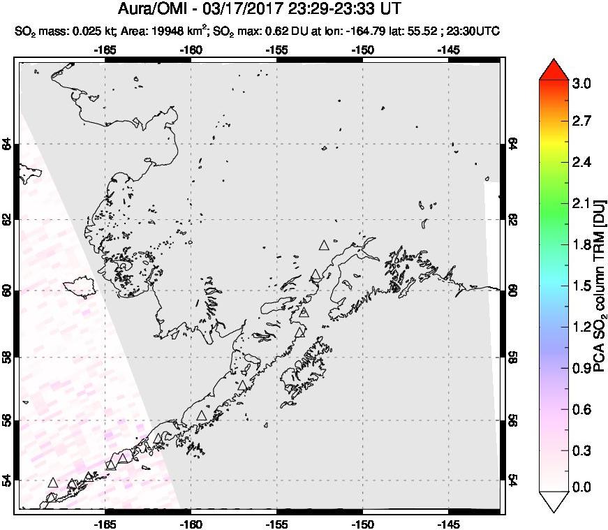 A sulfur dioxide image over Alaska, USA on Mar 17, 2017.