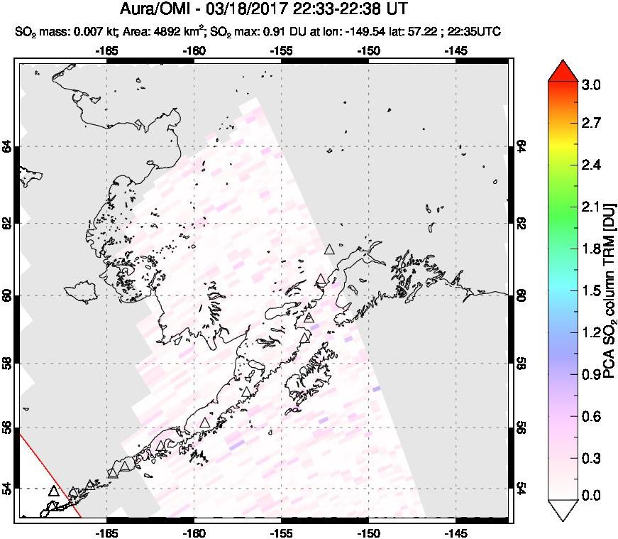 A sulfur dioxide image over Alaska, USA on Mar 18, 2017.