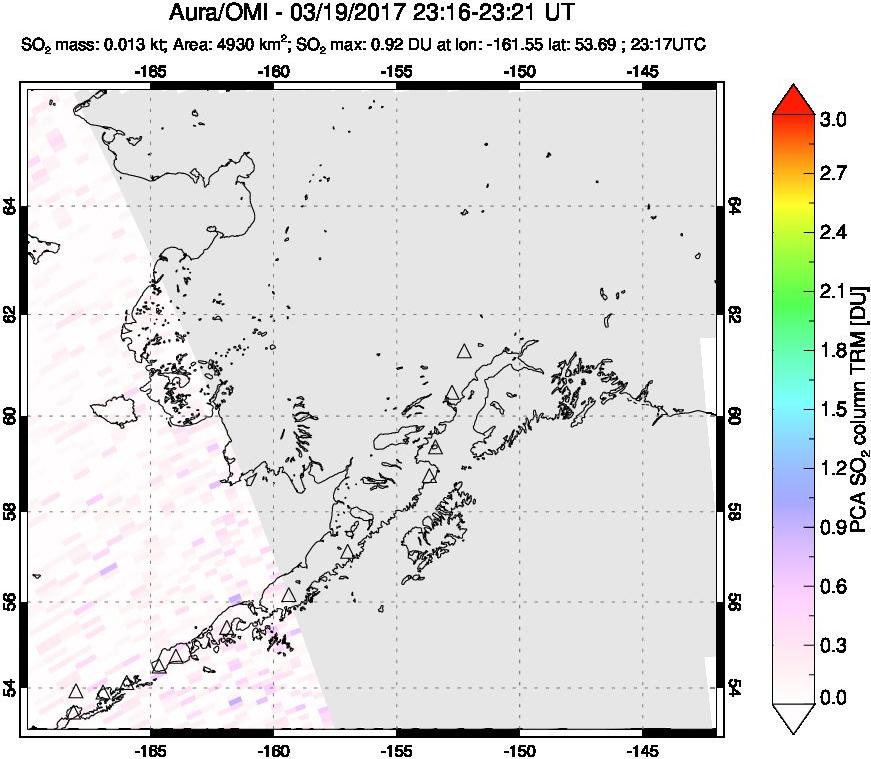 A sulfur dioxide image over Alaska, USA on Mar 19, 2017.
