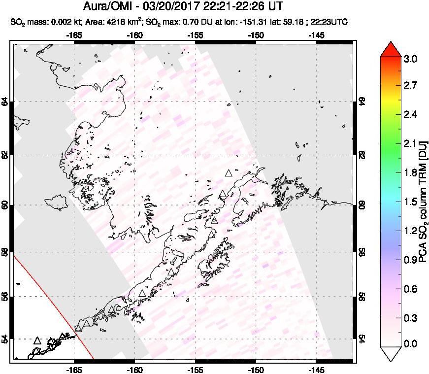 A sulfur dioxide image over Alaska, USA on Mar 20, 2017.
