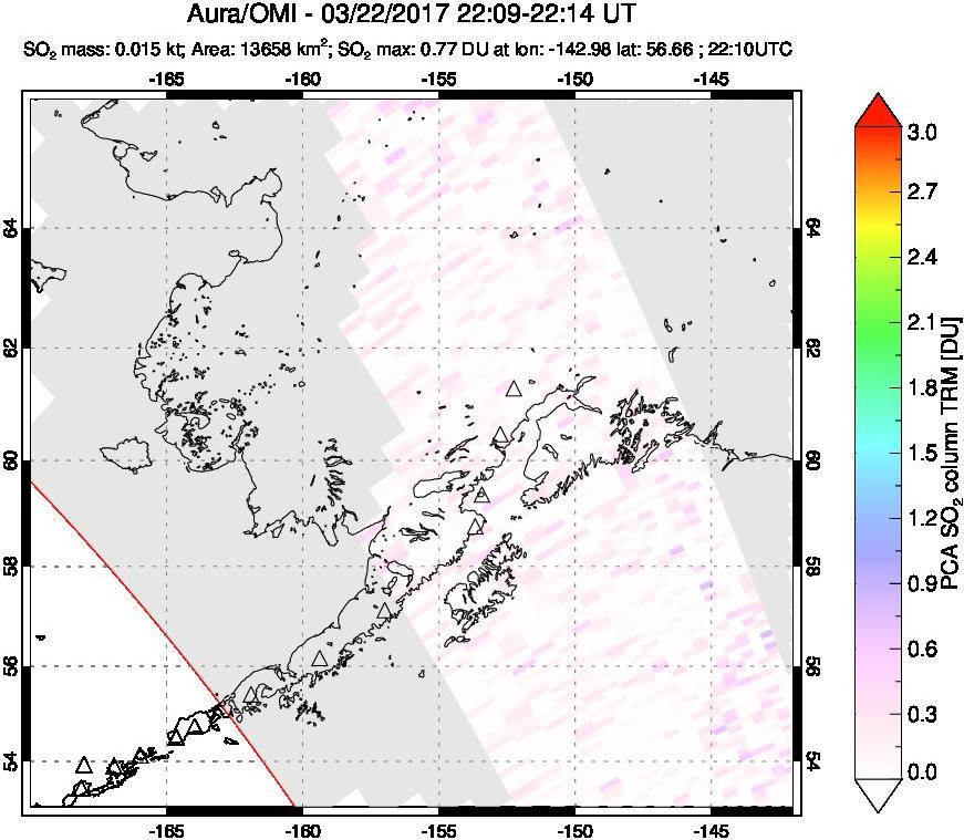 A sulfur dioxide image over Alaska, USA on Mar 22, 2017.