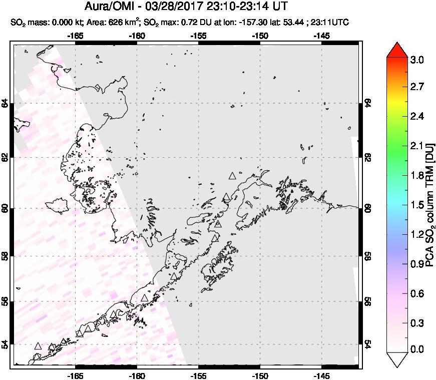 A sulfur dioxide image over Alaska, USA on Mar 28, 2017.