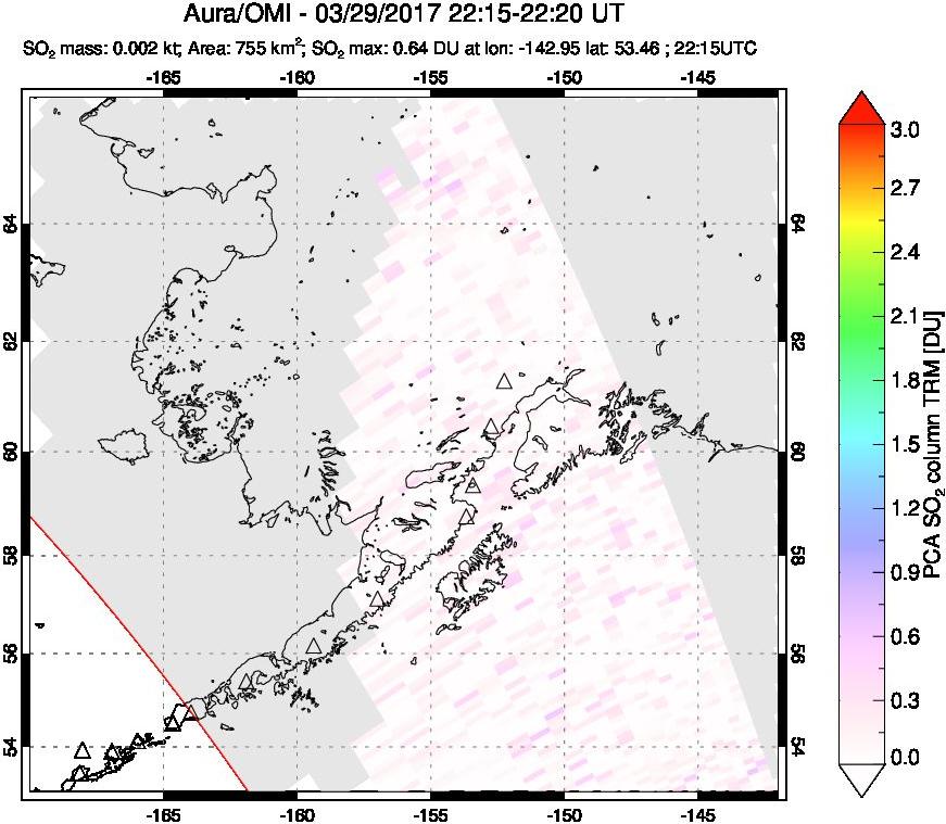 A sulfur dioxide image over Alaska, USA on Mar 29, 2017.