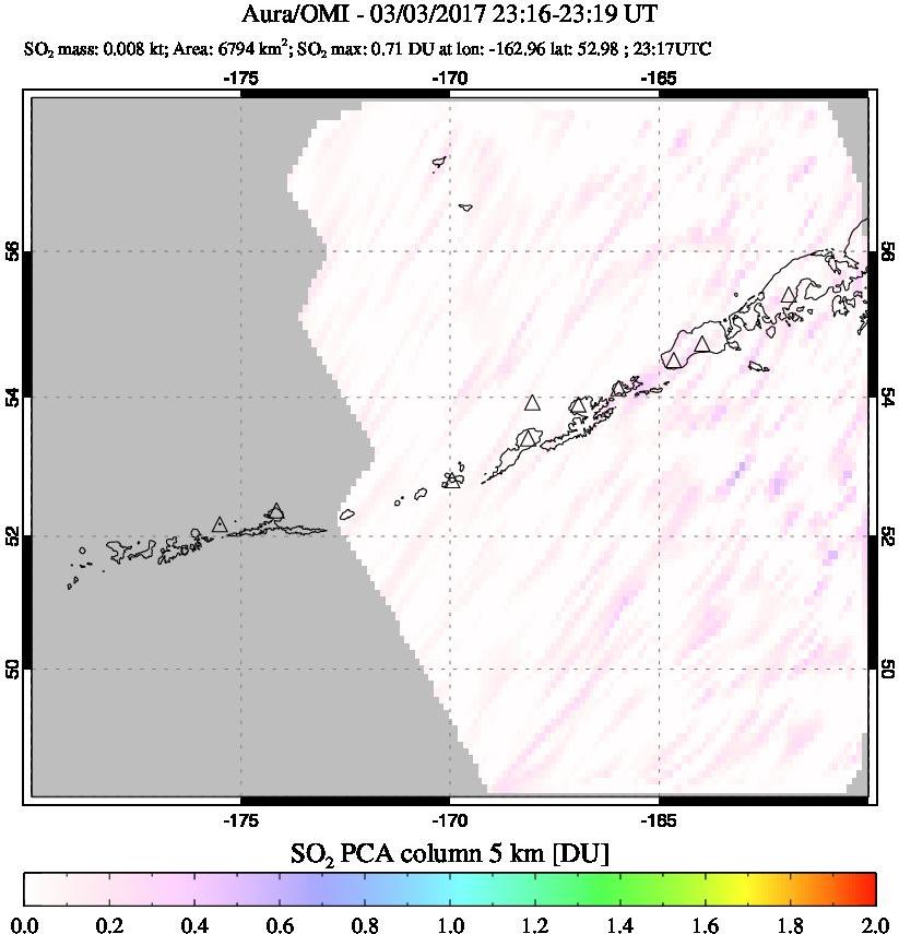 A sulfur dioxide image over Aleutian Islands, Alaska, USA on Mar 03, 2017.