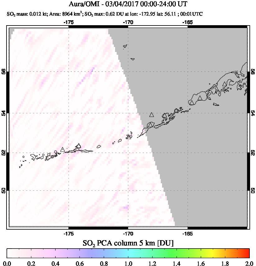 A sulfur dioxide image over Aleutian Islands, Alaska, USA on Mar 04, 2017.