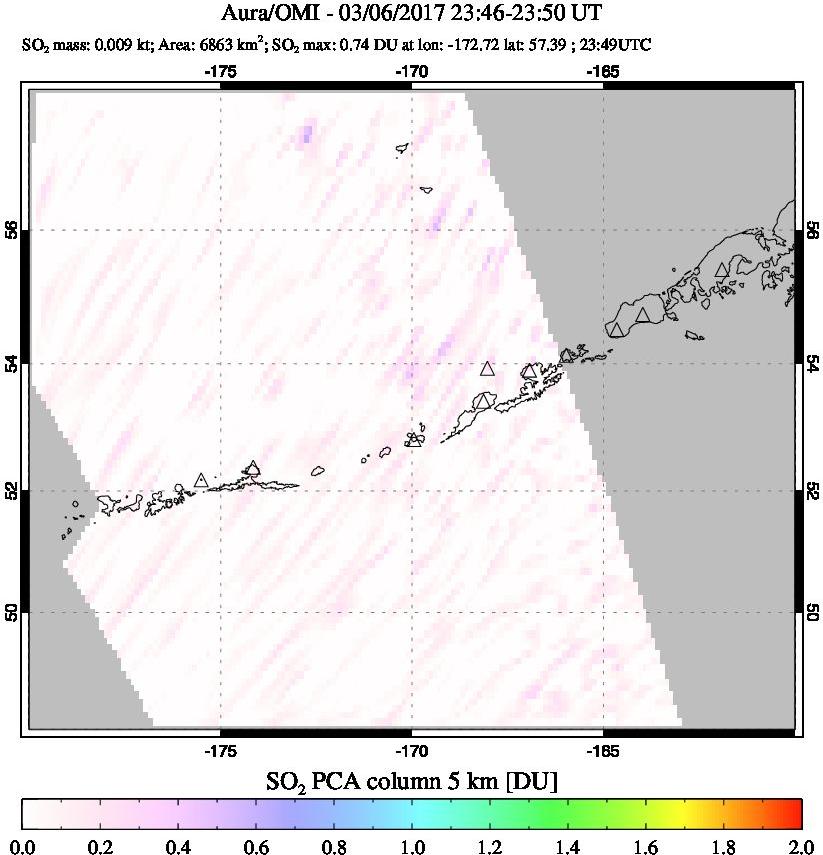 A sulfur dioxide image over Aleutian Islands, Alaska, USA on Mar 06, 2017.