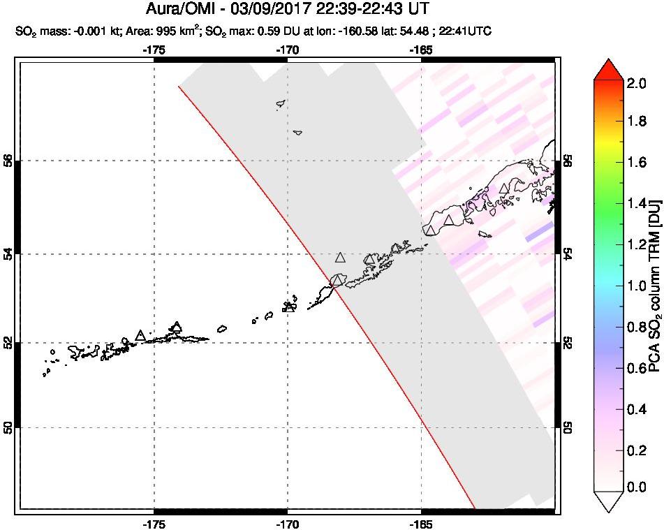 A sulfur dioxide image over Aleutian Islands, Alaska, USA on Mar 09, 2017.