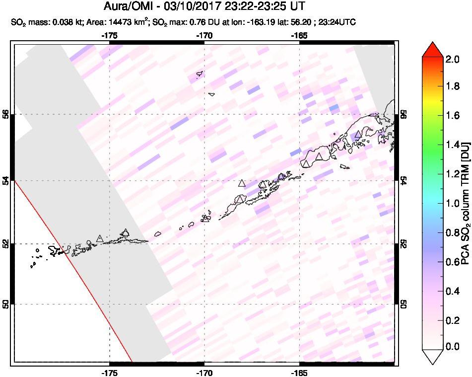 A sulfur dioxide image over Aleutian Islands, Alaska, USA on Mar 10, 2017.