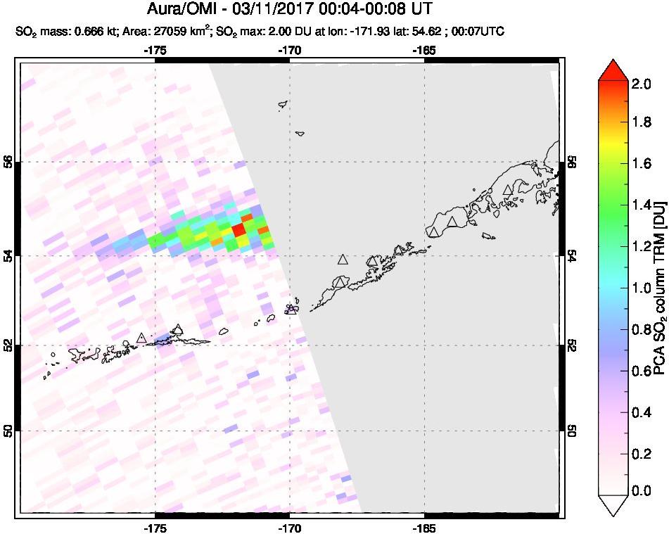 A sulfur dioxide image over Aleutian Islands, Alaska, USA on Mar 11, 2017.