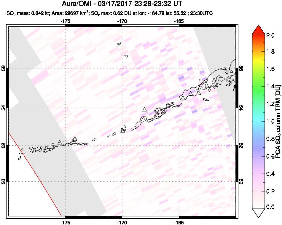 A sulfur dioxide image over Aleutian Islands, Alaska, USA on Mar 17, 2017.
