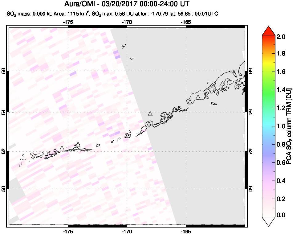 A sulfur dioxide image over Aleutian Islands, Alaska, USA on Mar 20, 2017.