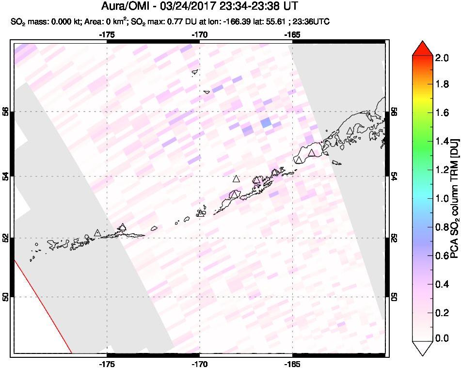 A sulfur dioxide image over Aleutian Islands, Alaska, USA on Mar 24, 2017.