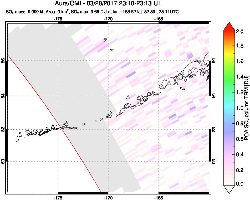 A sulfur dioxide image over Aleutian Islands, Alaska, USA on Mar 28, 2017.
