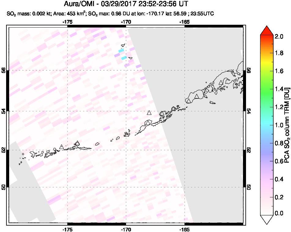 A sulfur dioxide image over Aleutian Islands, Alaska, USA on Mar 29, 2017.