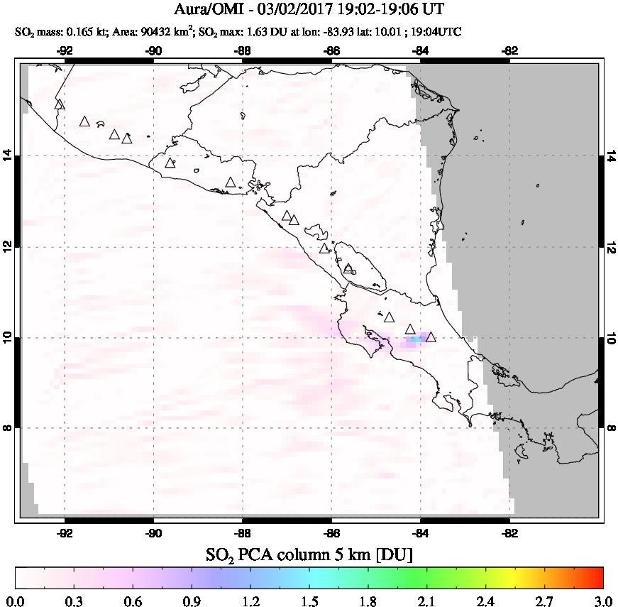 A sulfur dioxide image over Central America on Mar 02, 2017.