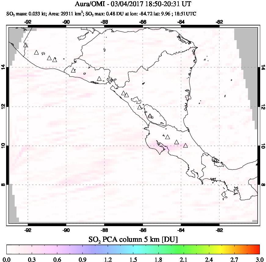 A sulfur dioxide image over Central America on Mar 04, 2017.