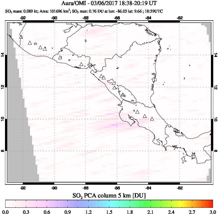 A sulfur dioxide image over Central America on Mar 06, 2017.