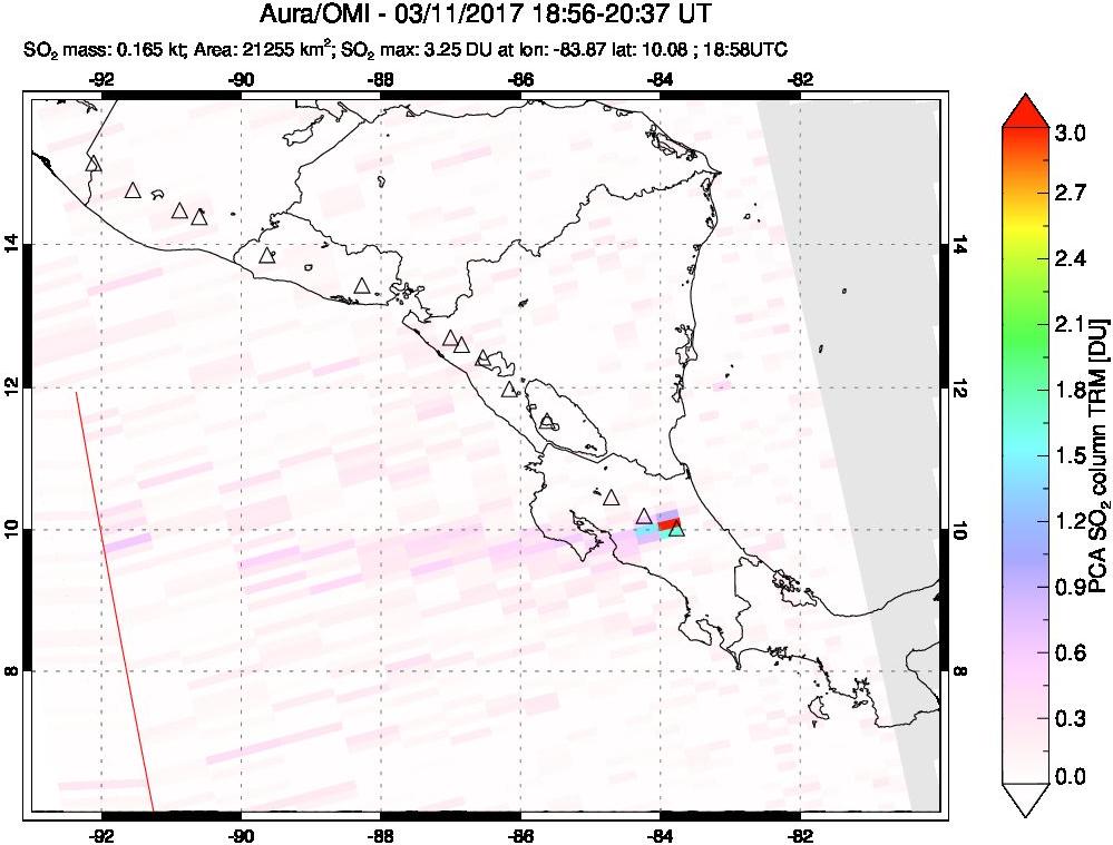 A sulfur dioxide image over Central America on Mar 11, 2017.