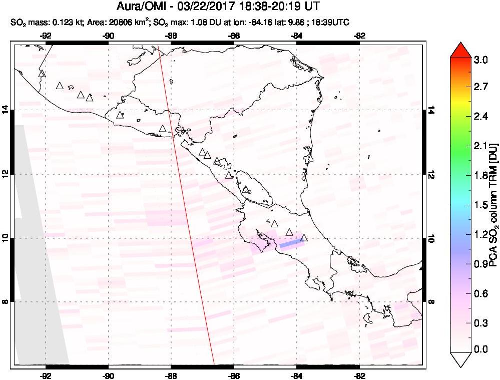 A sulfur dioxide image over Central America on Mar 22, 2017.