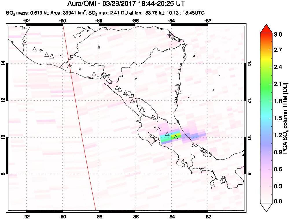 A sulfur dioxide image over Central America on Mar 29, 2017.