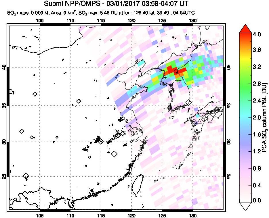 A sulfur dioxide image over Eastern China on Mar 01, 2017.