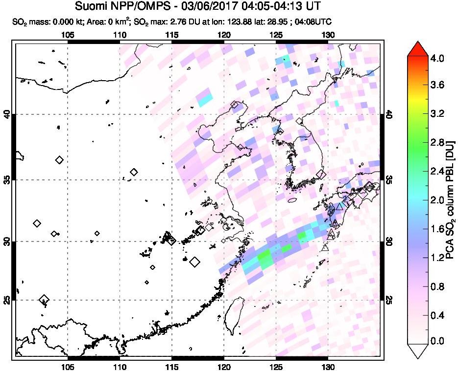 A sulfur dioxide image over Eastern China on Mar 06, 2017.