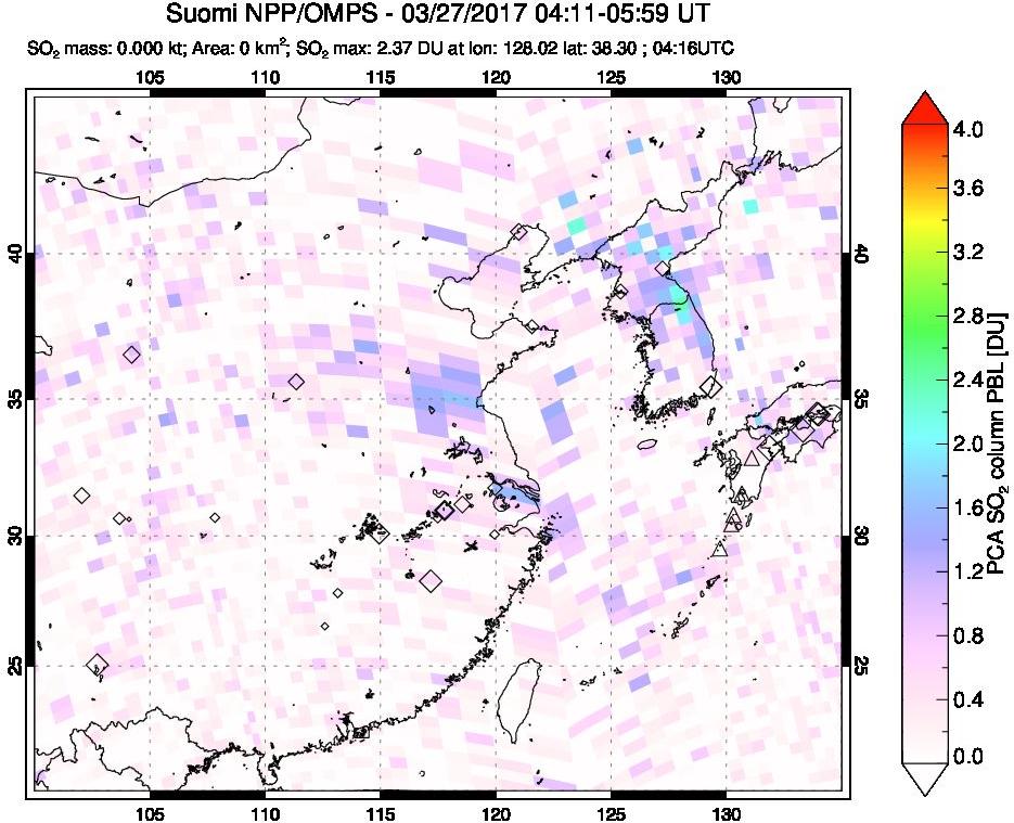 A sulfur dioxide image over Eastern China on Mar 27, 2017.