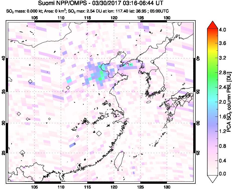 A sulfur dioxide image over Eastern China on Mar 30, 2017.