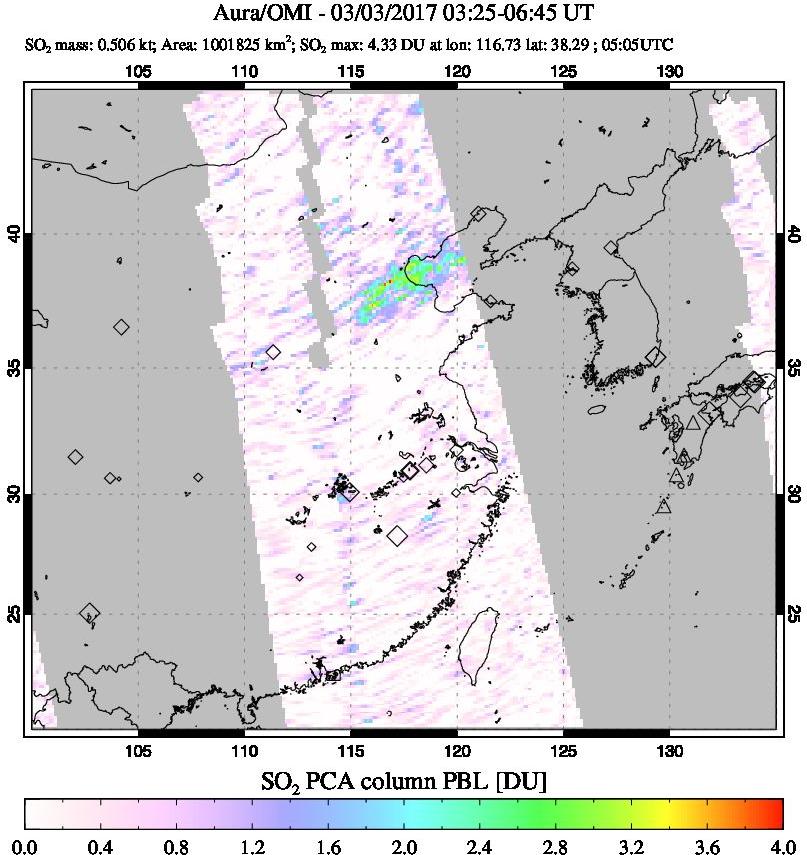 A sulfur dioxide image over Eastern China on Mar 03, 2017.