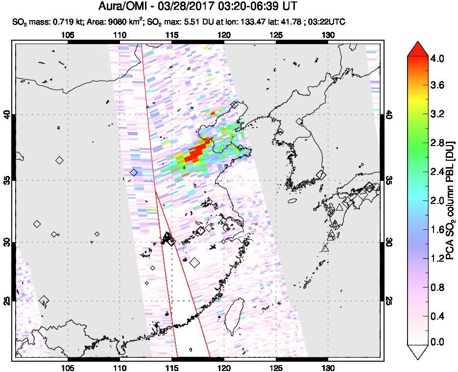 A sulfur dioxide image over Eastern China on Mar 28, 2017.