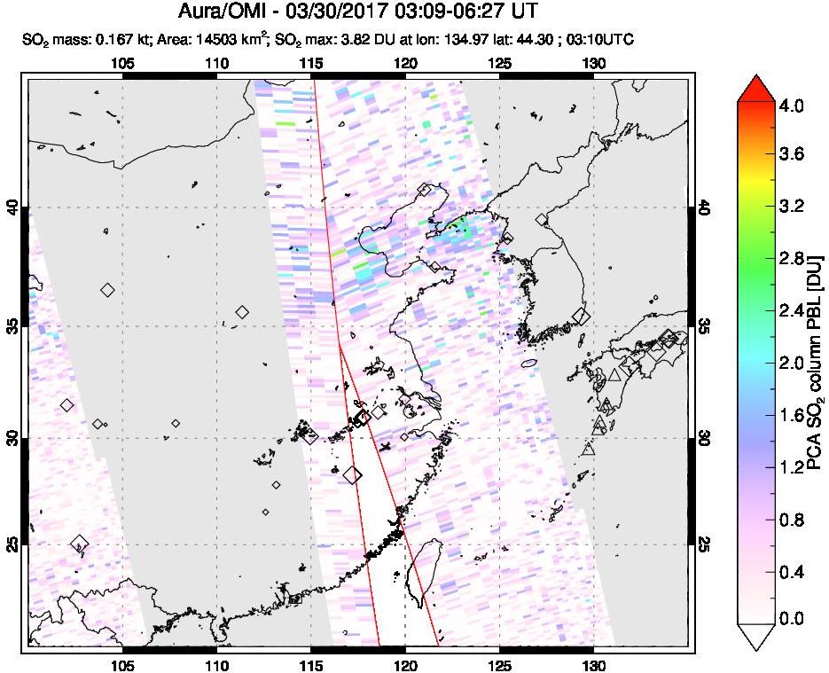 A sulfur dioxide image over Eastern China on Mar 30, 2017.