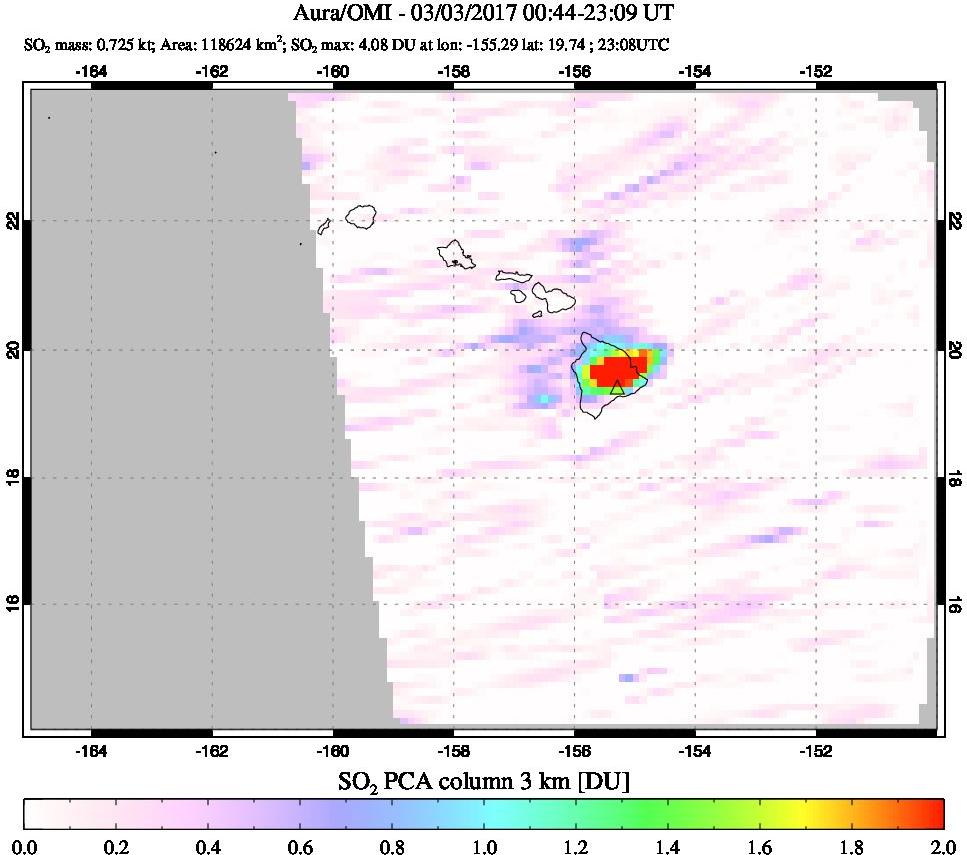 A sulfur dioxide image over Hawaii, USA on Mar 03, 2017.