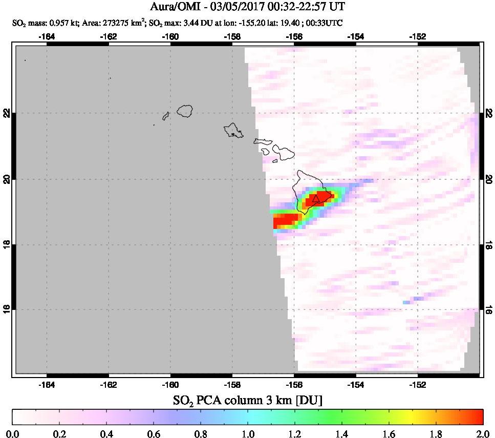 A sulfur dioxide image over Hawaii, USA on Mar 05, 2017.