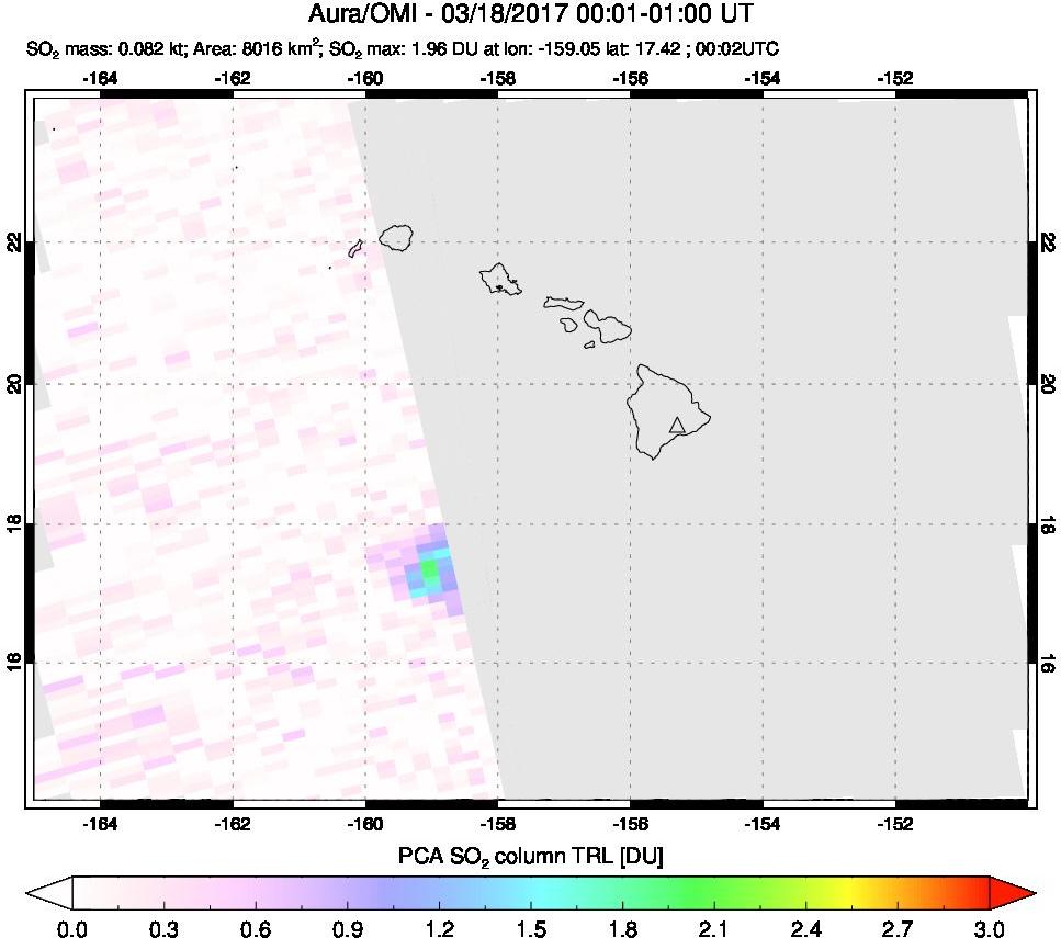 A sulfur dioxide image over Hawaii, USA on Mar 18, 2017.