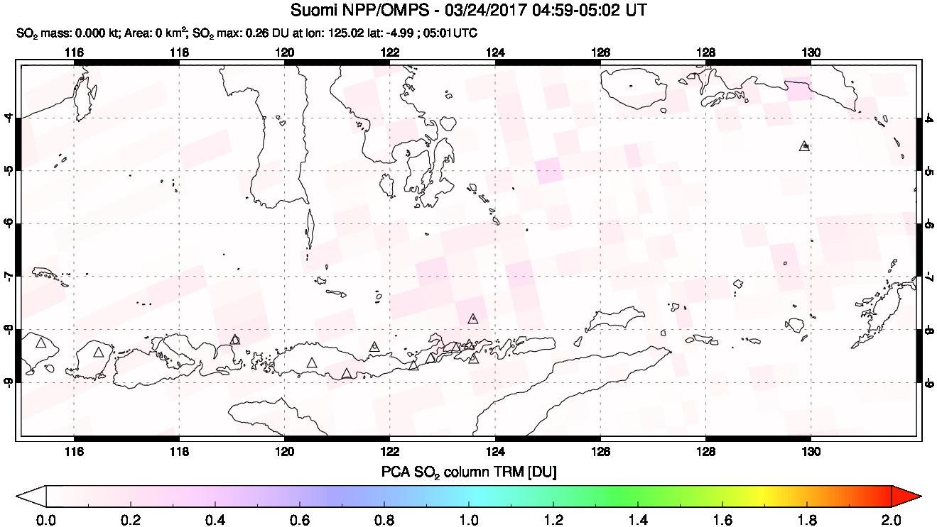 A sulfur dioxide image over Lesser Sunda Islands, Indonesia on Mar 24, 2017.
