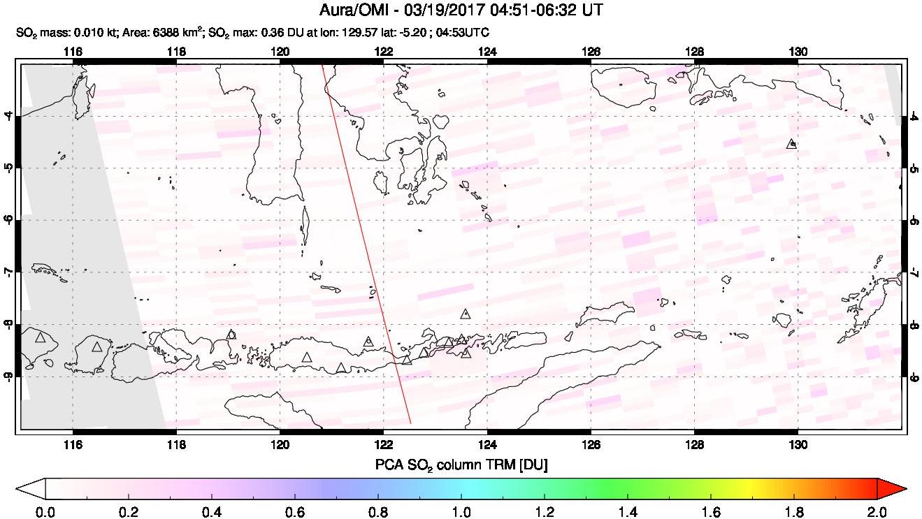 A sulfur dioxide image over Lesser Sunda Islands, Indonesia on Mar 19, 2017.
