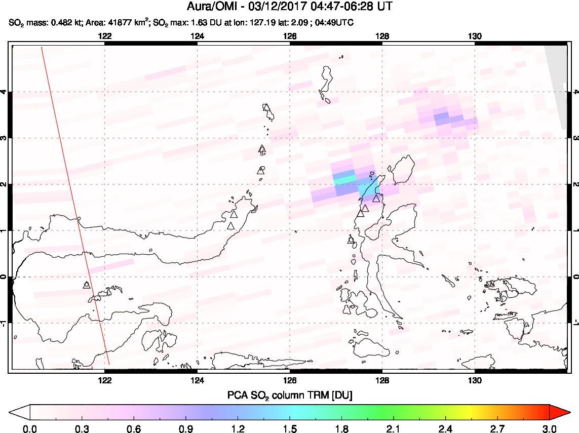 A sulfur dioxide image over Northern Sulawesi & Halmahera, Indonesia on Mar 12, 2017.