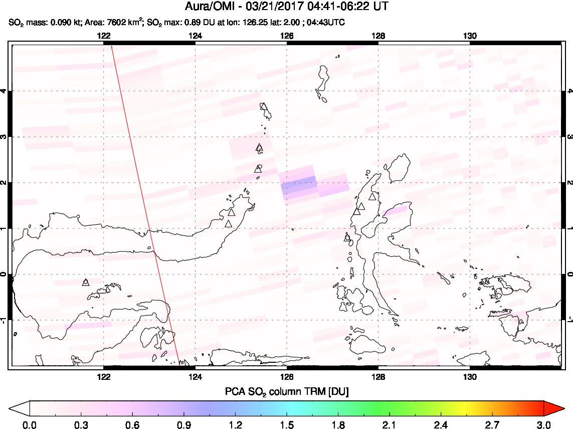 A sulfur dioxide image over Northern Sulawesi & Halmahera, Indonesia on Mar 21, 2017.
