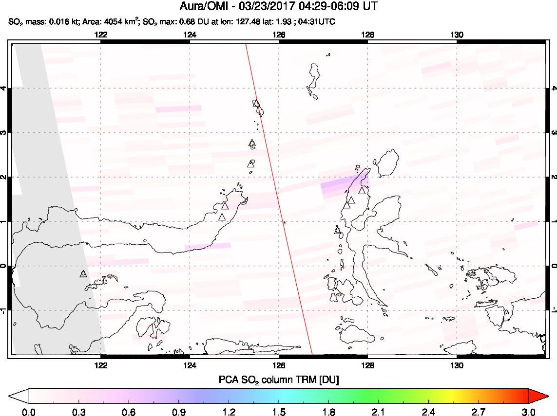 A sulfur dioxide image over Northern Sulawesi & Halmahera, Indonesia on Mar 23, 2017.