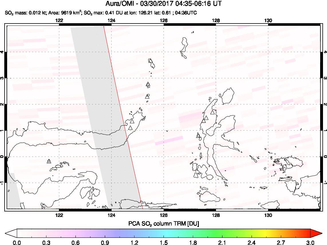 A sulfur dioxide image over Northern Sulawesi & Halmahera, Indonesia on Mar 30, 2017.
